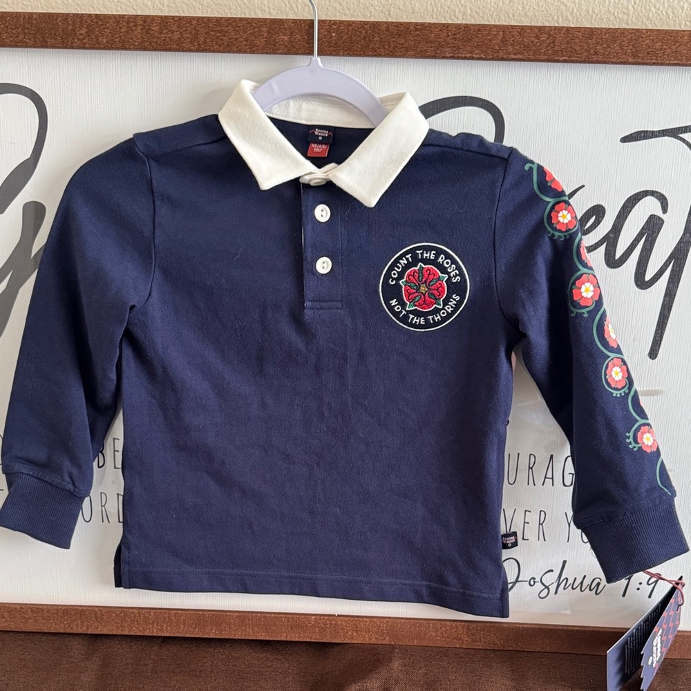Rowing Blazers Kids Navy Polo with Floral Sleeve